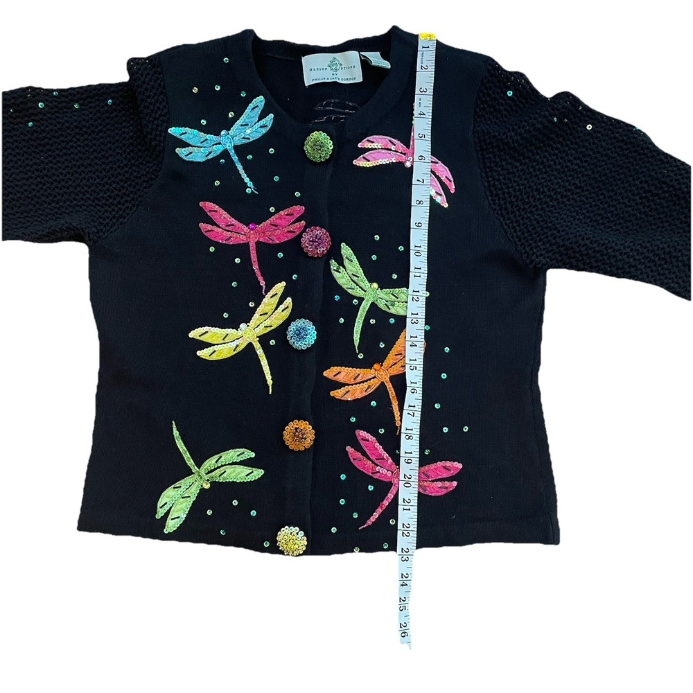 DESIGN OPTIONS Philip‎ & Jane Gordon Black Cardigan Sweater Sequin Dragonfly VTG - Picture 11 of 12